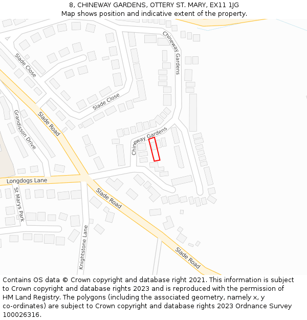 8, CHINEWAY GARDENS, OTTERY ST. MARY, EX11 1JG: Location map and indicative extent of plot