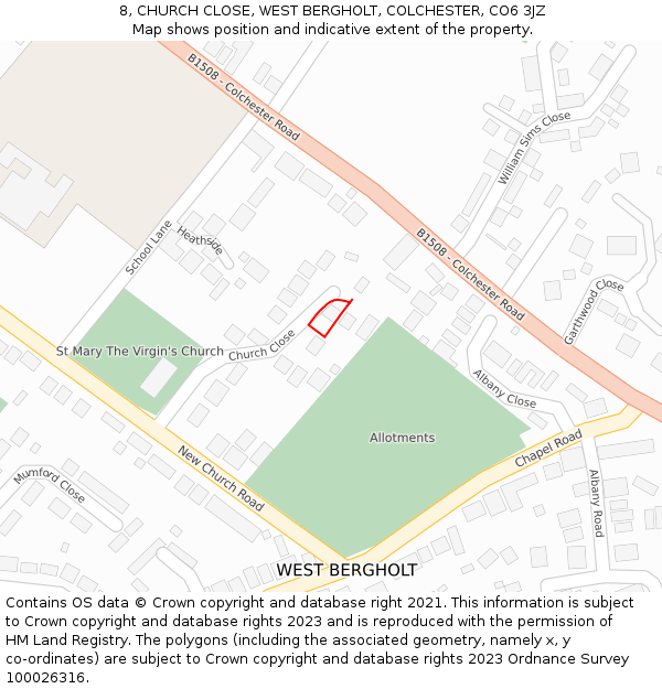 8, CHURCH CLOSE, WEST BERGHOLT, COLCHESTER, CO6 3JZ: Location map and indicative extent of plot