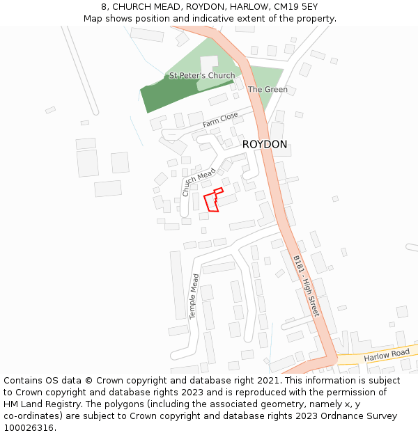 8, CHURCH MEAD, ROYDON, HARLOW, CM19 5EY: Location map and indicative extent of plot