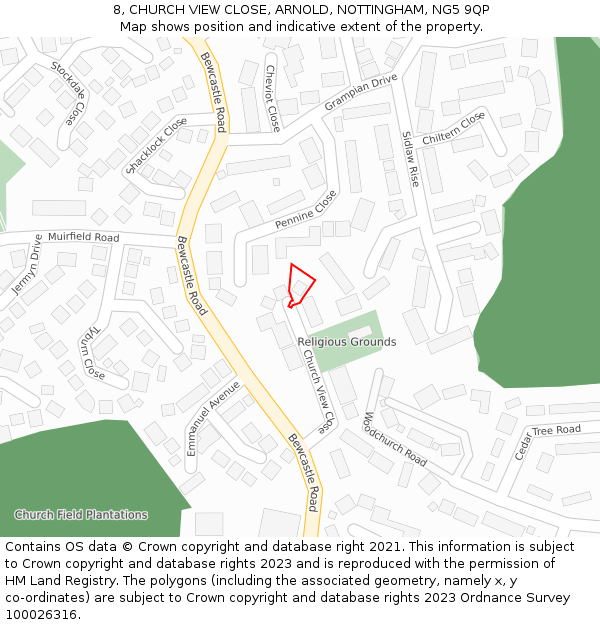 8, CHURCH VIEW CLOSE, ARNOLD, NOTTINGHAM, NG5 9QP: Location map and indicative extent of plot
