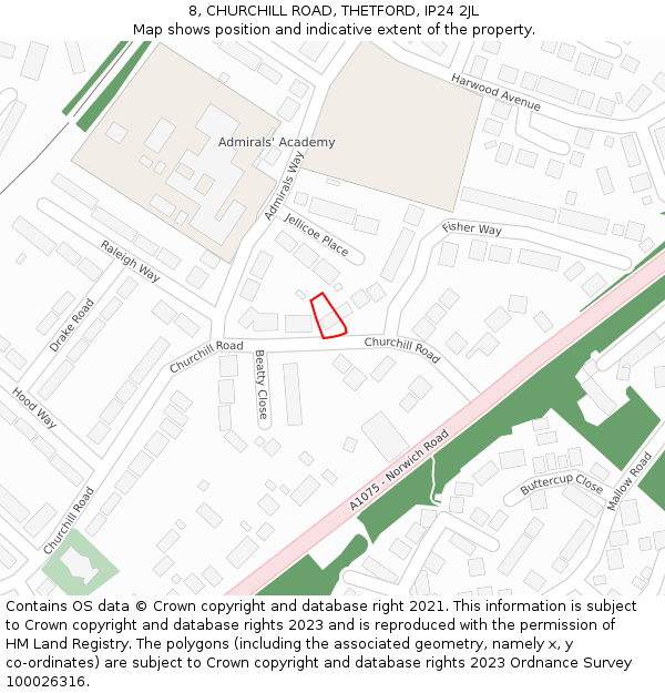 8, CHURCHILL ROAD, THETFORD, IP24 2JL: Location map and indicative extent of plot