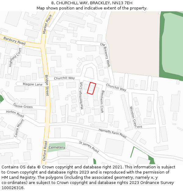 8, CHURCHILL WAY, BRACKLEY, NN13 7EH: Location map and indicative extent of plot