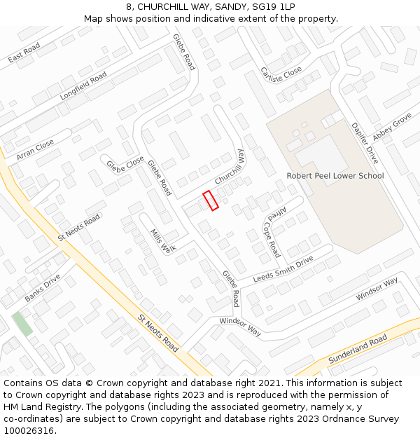 8, CHURCHILL WAY, SANDY, SG19 1LP: Location map and indicative extent of plot