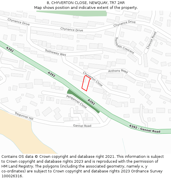 8, CHYVERTON CLOSE, NEWQUAY, TR7 2AR: Location map and indicative extent of plot