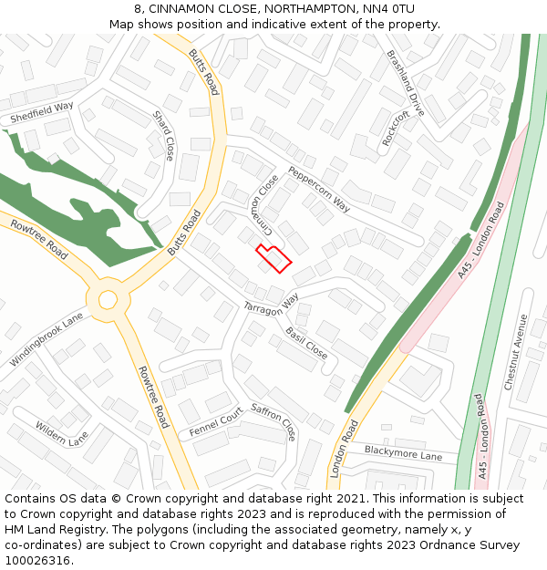 8, CINNAMON CLOSE, NORTHAMPTON, NN4 0TU: Location map and indicative extent of plot