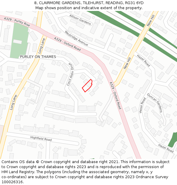 8, CLAIRMORE GARDENS, TILEHURST, READING, RG31 6YD: Location map and indicative extent of plot