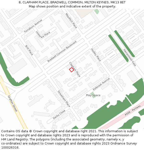 8, CLAPHAM PLACE, BRADWELL COMMON, MILTON KEYNES, MK13 8ET: Location map and indicative extent of plot