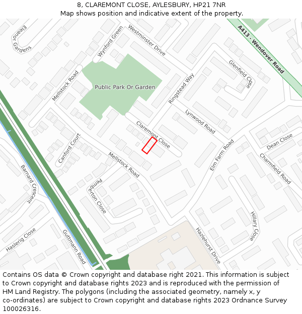 8, CLAREMONT CLOSE, AYLESBURY, HP21 7NR: Location map and indicative extent of plot