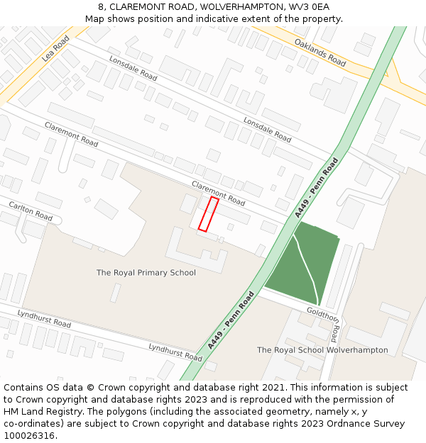 8, CLAREMONT ROAD, WOLVERHAMPTON, WV3 0EA: Location map and indicative extent of plot