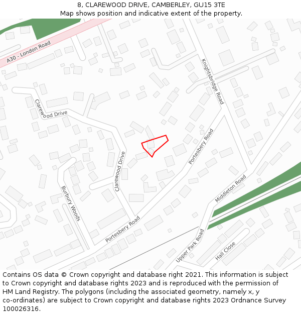 8, CLAREWOOD DRIVE, CAMBERLEY, GU15 3TE: Location map and indicative extent of plot