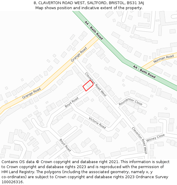 8, CLAVERTON ROAD WEST, SALTFORD, BRISTOL, BS31 3AJ: Location map and indicative extent of plot