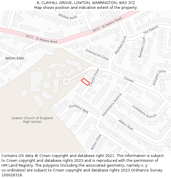 8, CLAYHILL GROVE, LOWTON, WARRINGTON, WA3 1FZ: Location map and indicative extent of plot