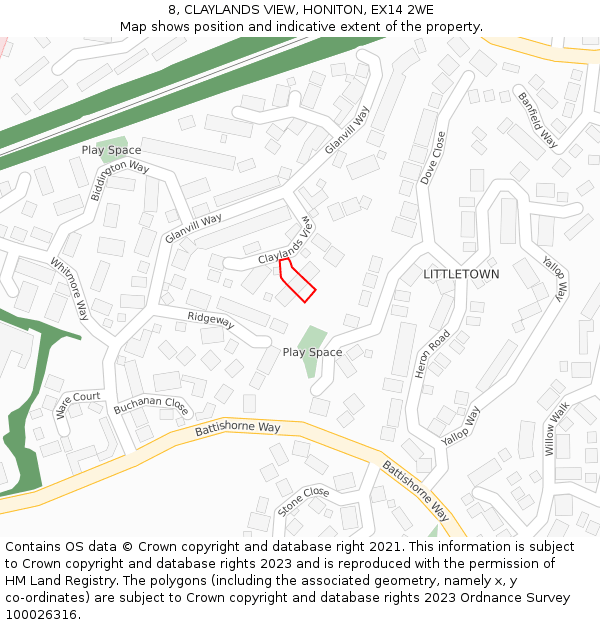 8, CLAYLANDS VIEW, HONITON, EX14 2WE: Location map and indicative extent of plot