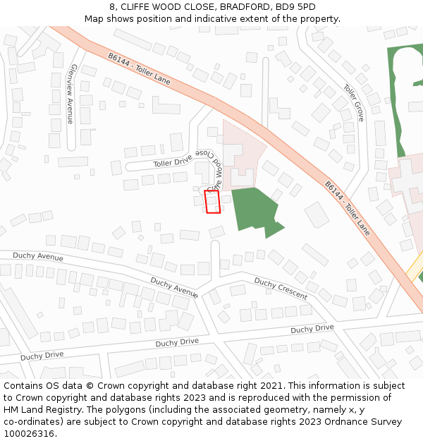 8, CLIFFE WOOD CLOSE, BRADFORD, BD9 5PD: Location map and indicative extent of plot
