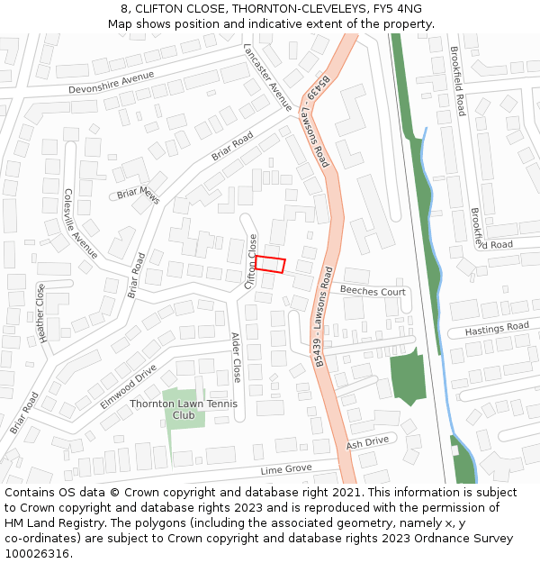 8, CLIFTON CLOSE, THORNTON-CLEVELEYS, FY5 4NG: Location map and indicative extent of plot