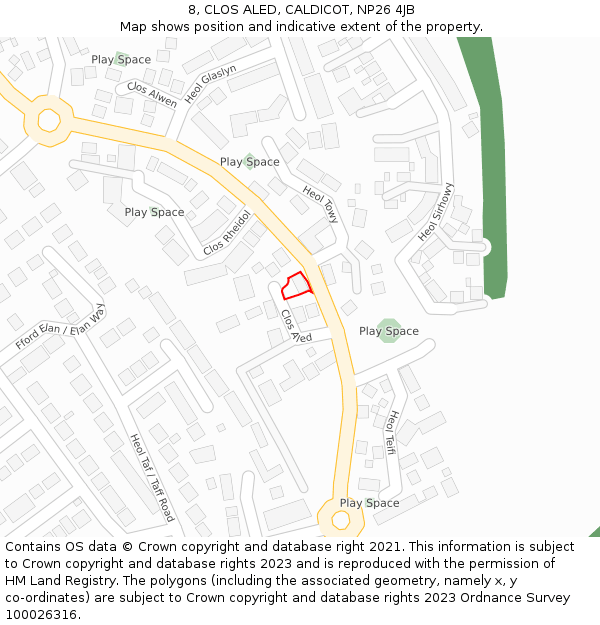 8, CLOS ALED, CALDICOT, NP26 4JB: Location map and indicative extent of plot