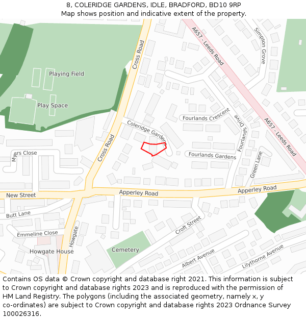 8, COLERIDGE GARDENS, IDLE, BRADFORD, BD10 9RP: Location map and indicative extent of plot