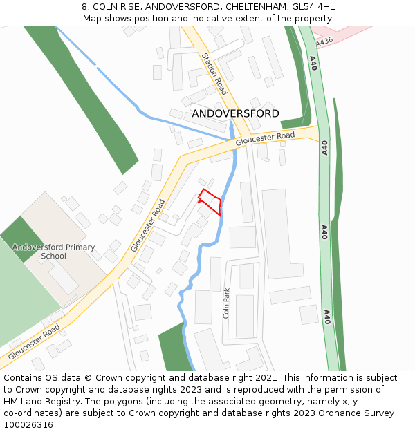 8, COLN RISE, ANDOVERSFORD, CHELTENHAM, GL54 4HL: Location map and indicative extent of plot