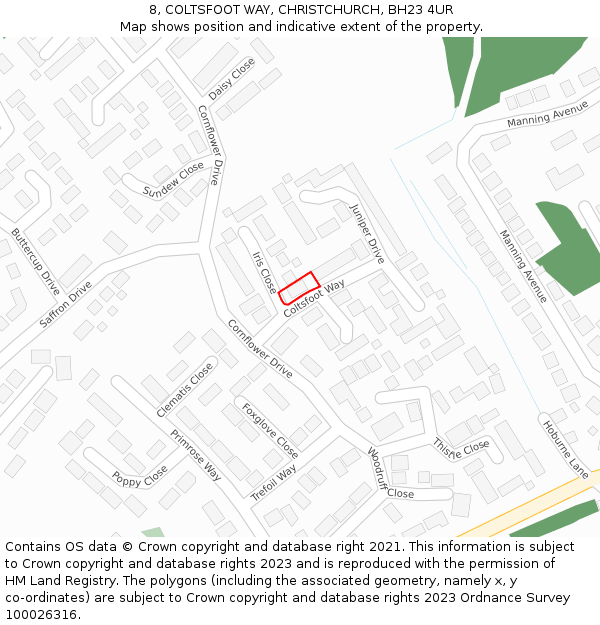 8, COLTSFOOT WAY, CHRISTCHURCH, BH23 4UR: Location map and indicative extent of plot