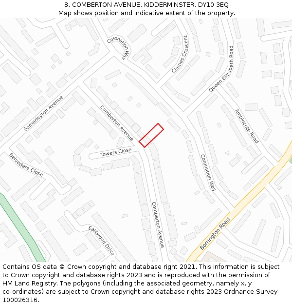 8, COMBERTON AVENUE, KIDDERMINSTER, DY10 3EQ: Location map and indicative extent of plot