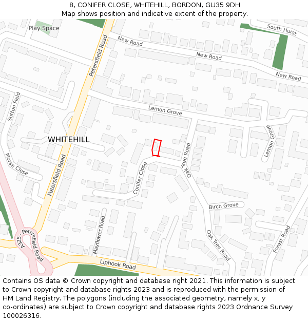 8, CONIFER CLOSE, WHITEHILL, BORDON, GU35 9DH: Location map and indicative extent of plot