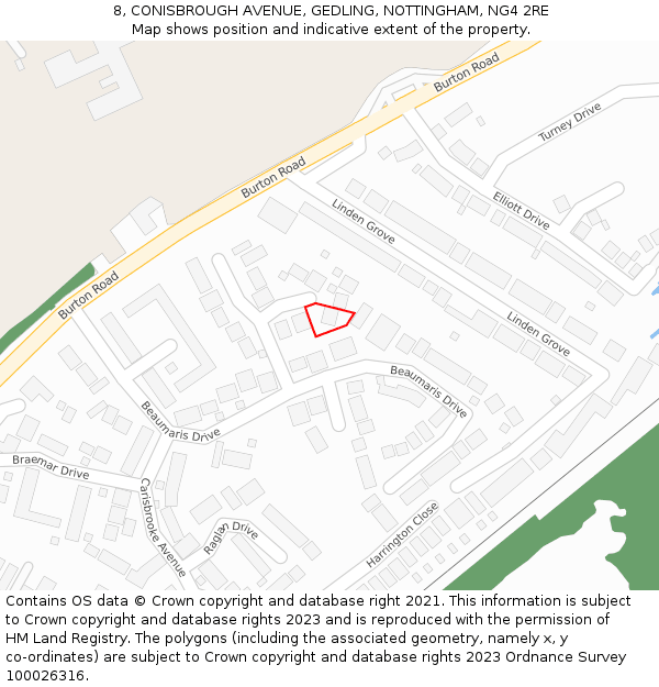 8, CONISBROUGH AVENUE, GEDLING, NOTTINGHAM, NG4 2RE: Location map and indicative extent of plot