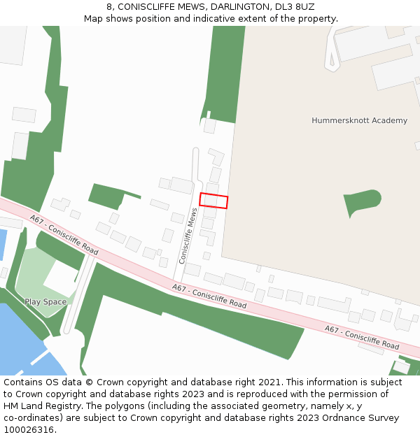 8, CONISCLIFFE MEWS, DARLINGTON, DL3 8UZ: Location map and indicative extent of plot