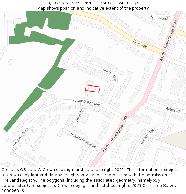 8, CONNINGSBY DRIVE, PERSHORE, WR10 1QX: Location map and indicative extent of plot