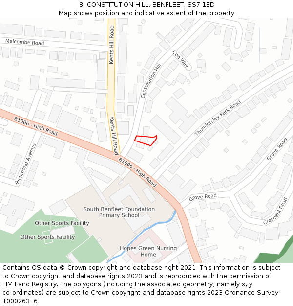 8, CONSTITUTION HILL, BENFLEET, SS7 1ED: Location map and indicative extent of plot