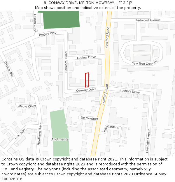 8, CONWAY DRIVE, MELTON MOWBRAY, LE13 1JP: Location map and indicative extent of plot