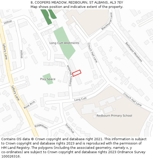 8, COOPERS MEADOW, REDBOURN, ST ALBANS, AL3 7EY: Location map and indicative extent of plot