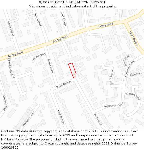8, COPSE AVENUE, NEW MILTON, BH25 6ET: Location map and indicative extent of plot