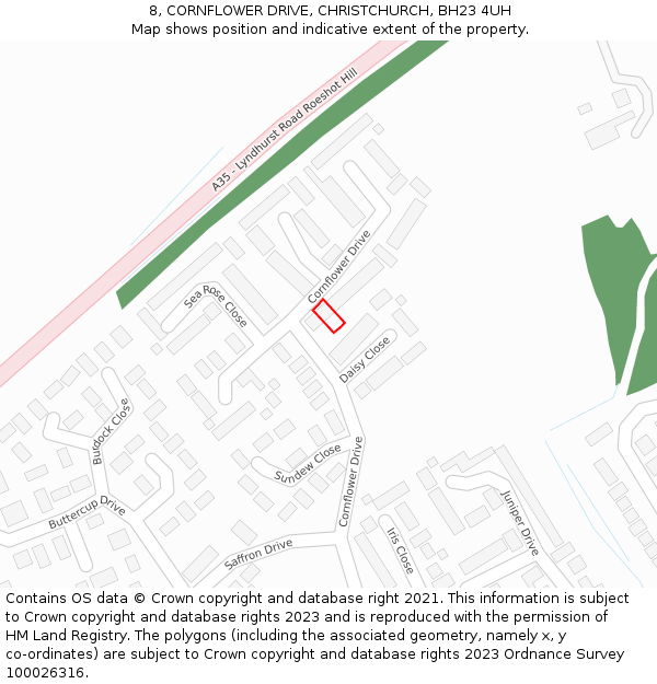 8, CORNFLOWER DRIVE, CHRISTCHURCH, BH23 4UH: Location map and indicative extent of plot