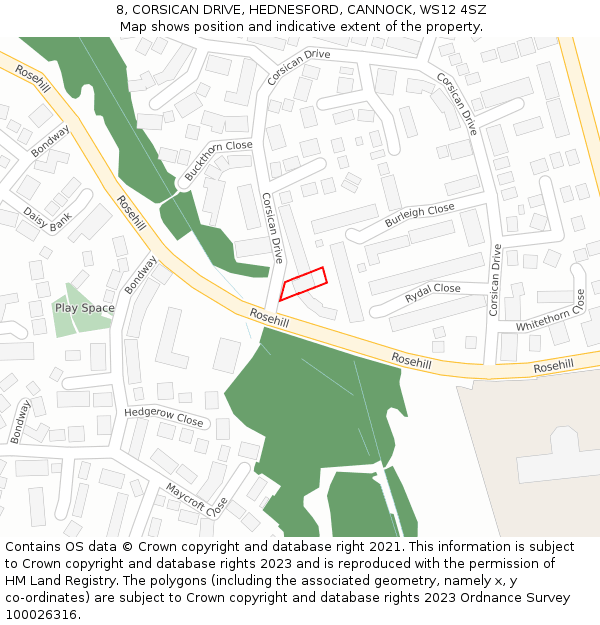 8, CORSICAN DRIVE, HEDNESFORD, CANNOCK, WS12 4SZ: Location map and indicative extent of plot