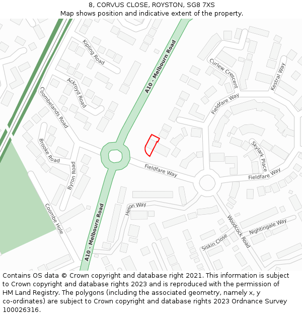 8, CORVUS CLOSE, ROYSTON, SG8 7XS: Location map and indicative extent of plot