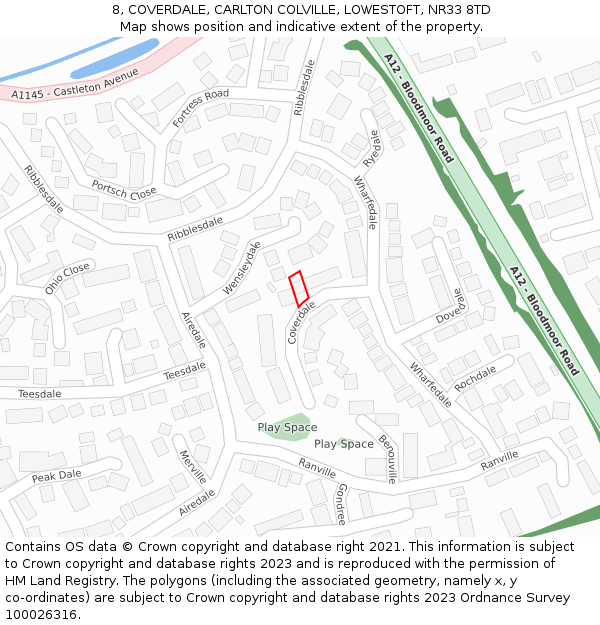8, COVERDALE, CARLTON COLVILLE, LOWESTOFT, NR33 8TD: Location map and indicative extent of plot
