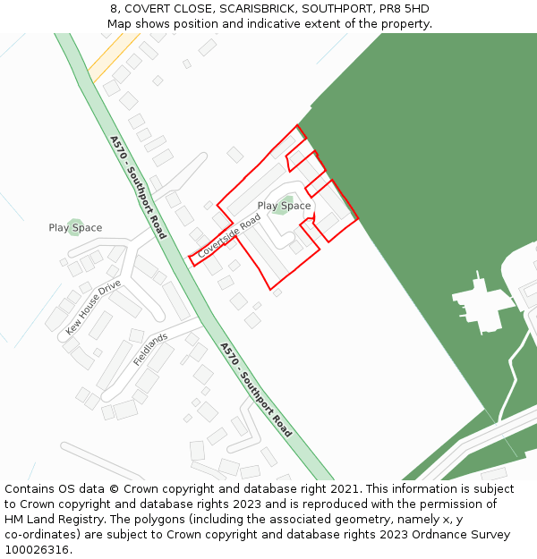 8, COVERT CLOSE, SCARISBRICK, SOUTHPORT, PR8 5HD: Location map and indicative extent of plot