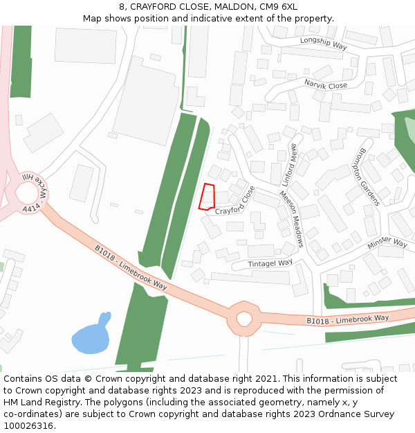 8, CRAYFORD CLOSE, MALDON, CM9 6XL: Location map and indicative extent of plot
