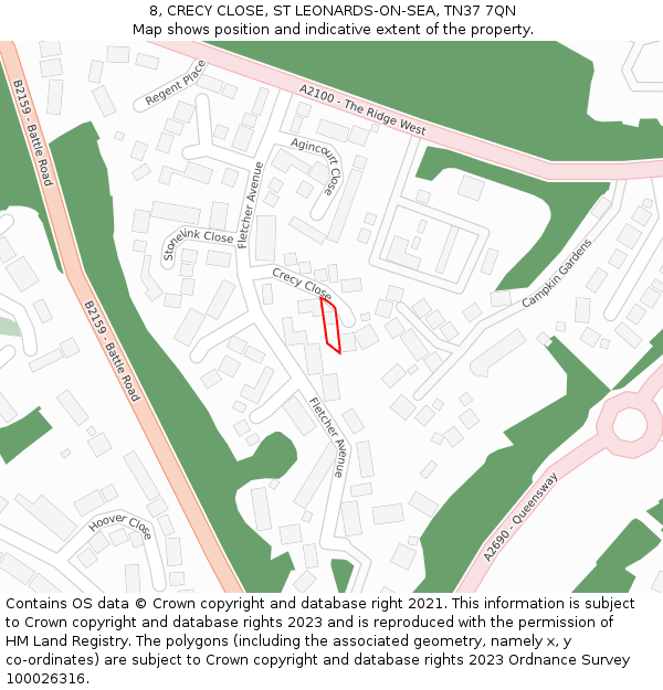 8, CRECY CLOSE, ST LEONARDS-ON-SEA, TN37 7QN: Location map and indicative extent of plot