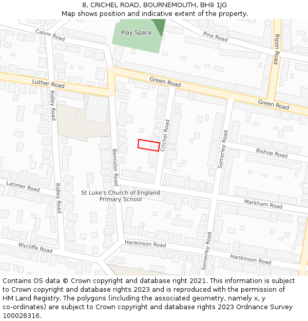 8, CRICHEL ROAD, BOURNEMOUTH, BH9 1JG: Location map and indicative extent of plot