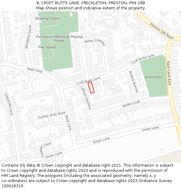 8, CROFT BUTTS LANE, FRECKLETON, PRESTON, PR4 1RB: Location map and indicative extent of plot