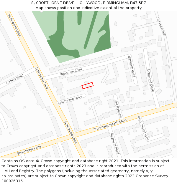 8, CROPTHORNE DRIVE, HOLLYWOOD, BIRMINGHAM, B47 5PZ: Location map and indicative extent of plot
