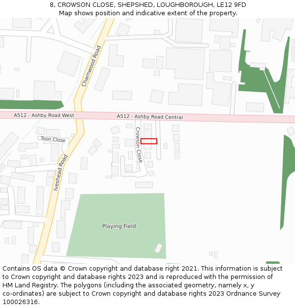 8, CROWSON CLOSE, SHEPSHED, LOUGHBOROUGH, LE12 9FD: Location map and indicative extent of plot
