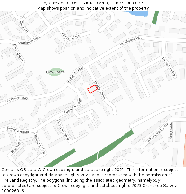 8, CRYSTAL CLOSE, MICKLEOVER, DERBY, DE3 0BP: Location map and indicative extent of plot