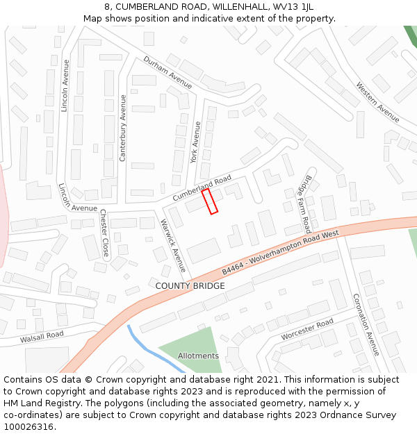 8, CUMBERLAND ROAD, WILLENHALL, WV13 1JL: Location map and indicative extent of plot