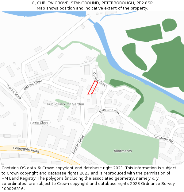 8, CURLEW GROVE, STANGROUND, PETERBOROUGH, PE2 8SP: Location map and indicative extent of plot