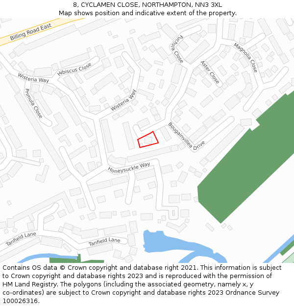 8, CYCLAMEN CLOSE, NORTHAMPTON, NN3 3XL: Location map and indicative extent of plot