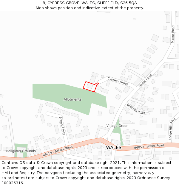 8, CYPRESS GROVE, WALES, SHEFFIELD, S26 5QA: Location map and indicative extent of plot