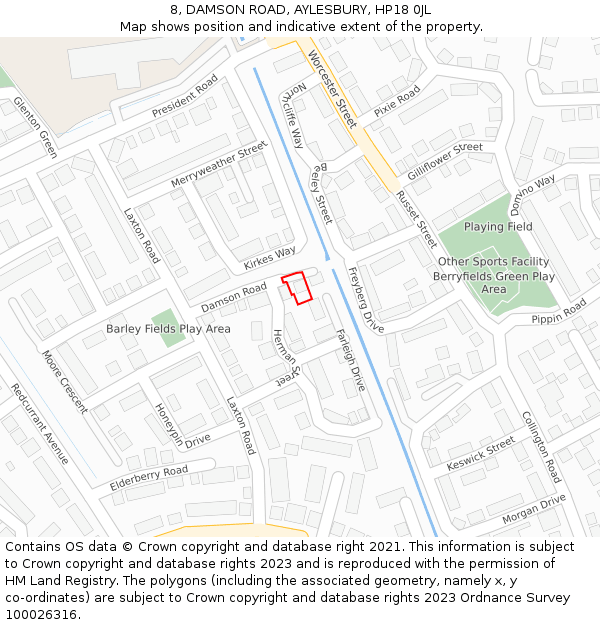 8, DAMSON ROAD, AYLESBURY, HP18 0JL: Location map and indicative extent of plot