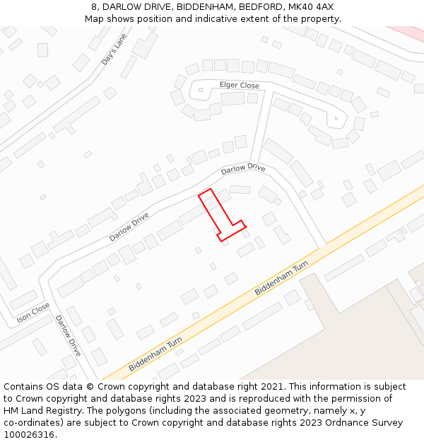 8, DARLOW DRIVE, BIDDENHAM, BEDFORD, MK40 4AX: Location map and indicative extent of plot